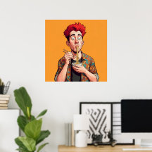 Homem engraçado único comendo seu macarrão alegrem