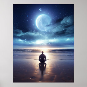 Poster Homem Meditante Espiritual na Praia à Noite
