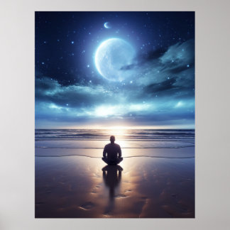 Poster Homem Meditante Espiritual na Praia à Noite