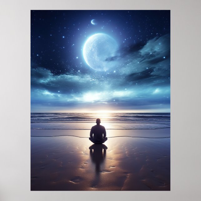 Poster Homem Meditante Espiritual na Praia à Noite (Frente)