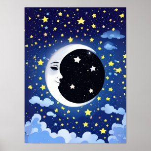 Poster Homem na Lua em um Fundo Estrelado
