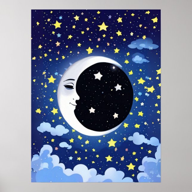 Poster Homem na Lua em um Fundo Estrelado (Frente)