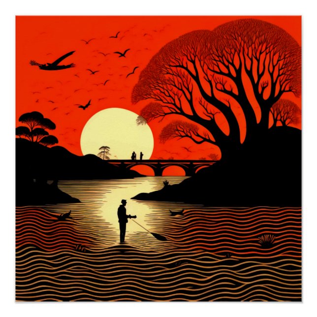 Pôster Homem pescando no pôr do sol (Frente)
