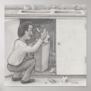 Poster Homem Procurando em um Lixo de Gabinete de Cozinha