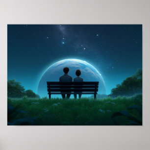 Poster Homem Solitário no Banco Observando Pássaros Preto