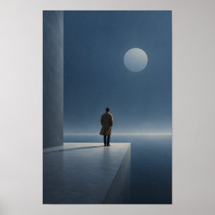 Poster Homem Solitário Sob a Lua Cheia Minimalista Figura