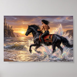 Poster Homem Sonhador a Cavalo na Praia ao Pôr do Sol