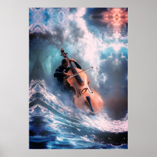 Poster Homem Surrealista da Música Tocando Violoncelo nas
