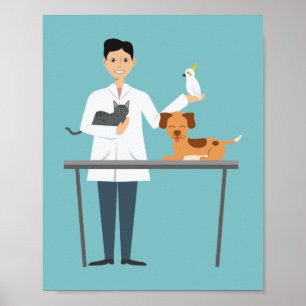Poster Homem Veterinário no Azul com Ilustração de Animai