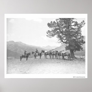 Pôster Homens com os packhorses que olham sobre um monte