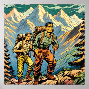 Poster Homens fazendo mochilão em trilha pelas Montanhas