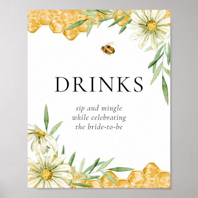 Poster Honey Bees Daisy Flower Bar Drink Station Sign (Frente)