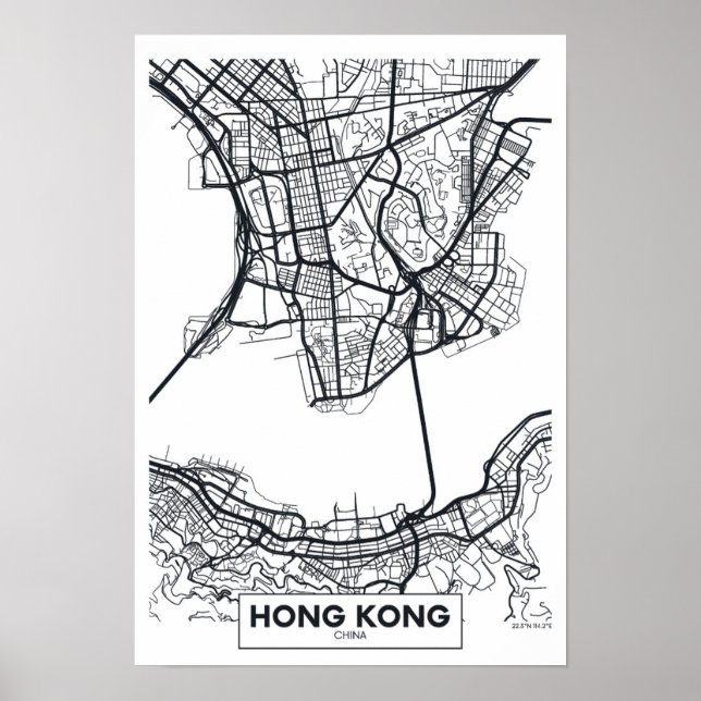 Poster Hong Kong, China | Mapa da cidade de preto e branc (Frente)