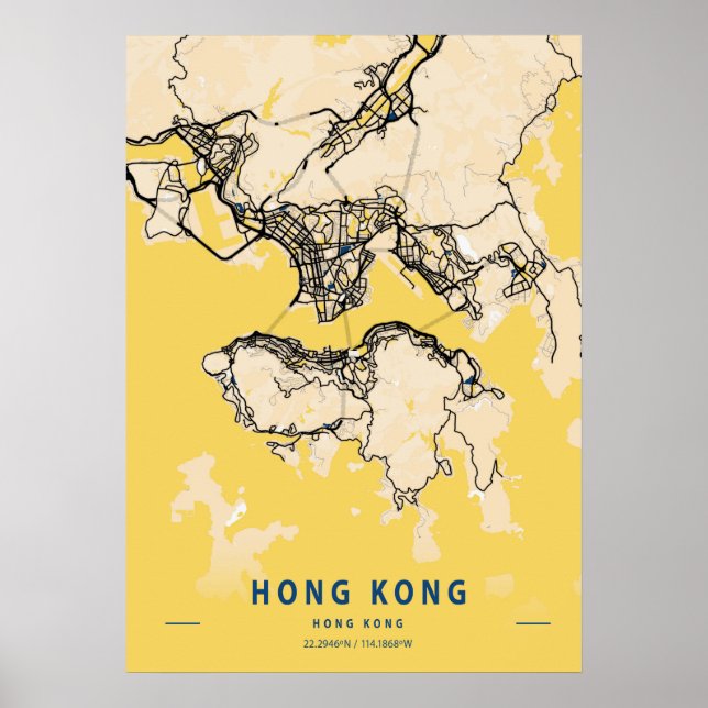 Poster Hong Kong - Mapa da cidade amarela de Hong Kong (Frente)