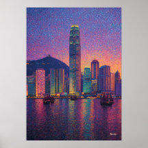 Hong Kong Skyline Pointillism Sunset Cityscape