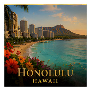 Pôster Honolulu Havaí Costa Waikiki e Cultura da Ilha 🗺️