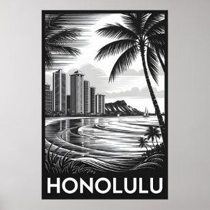 Poster Honolulu Havaí Silhueta Preto Branco Xilogravura