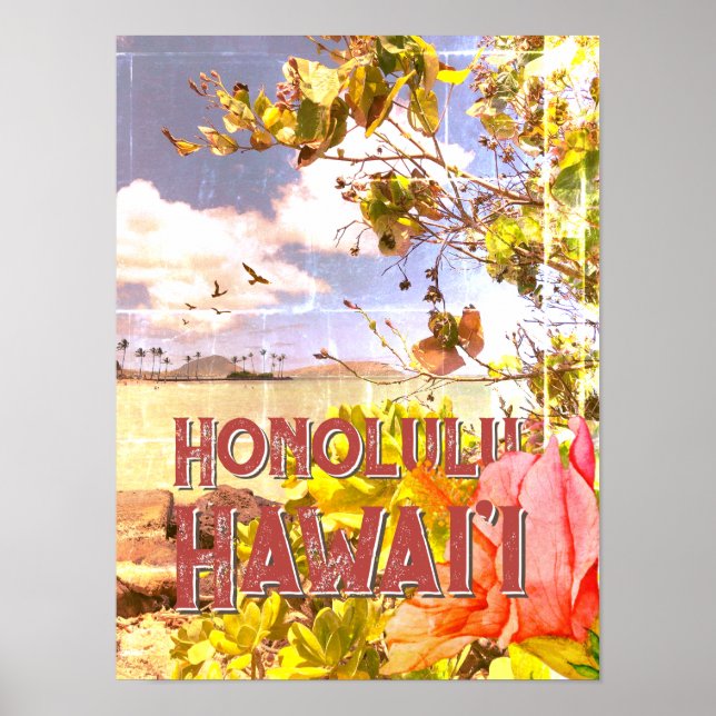 Poster - Honolulu Hawaii com Hibiscus (Frente)