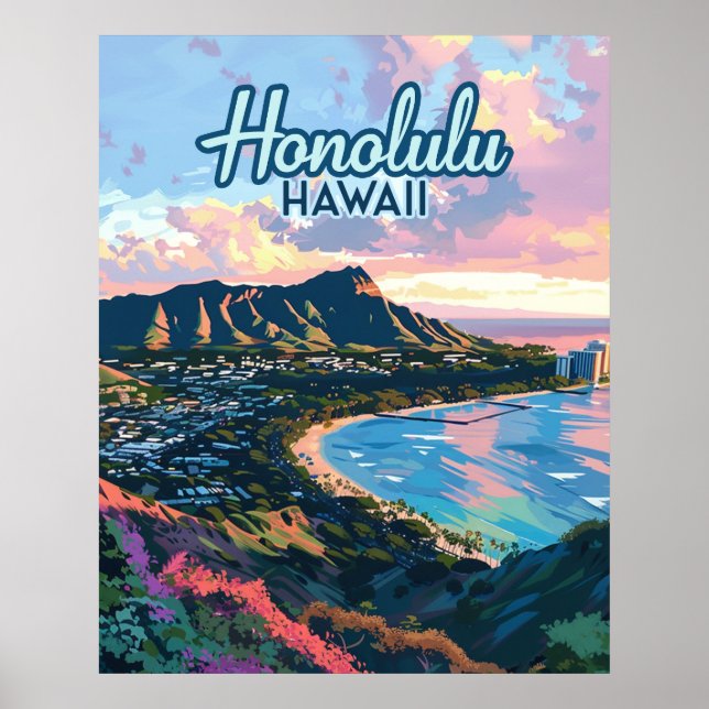 Poster Honolulu Hawaii Oahu Waikiki Beach Diamondhead (Frente)