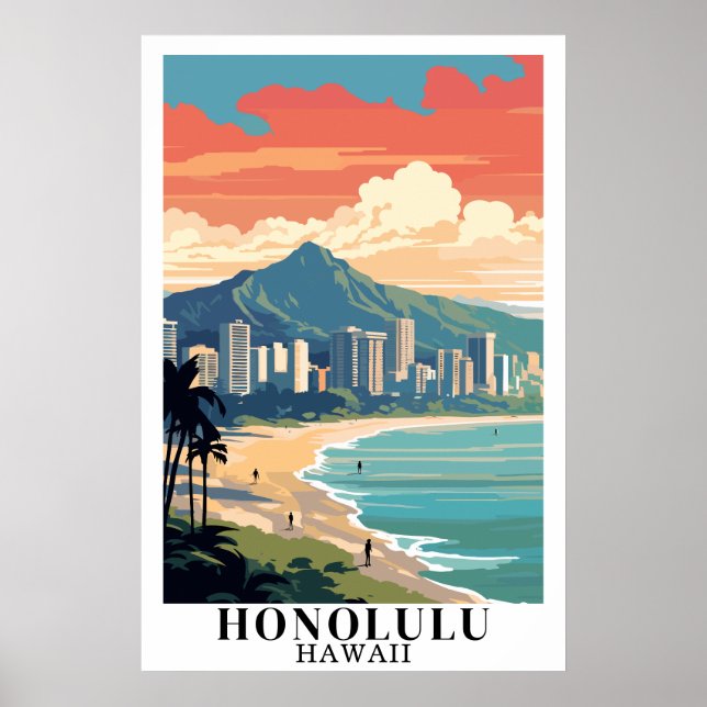 Poster Honolulu Hawaii Vintage Travel Waikiki Beach Art (Frente)