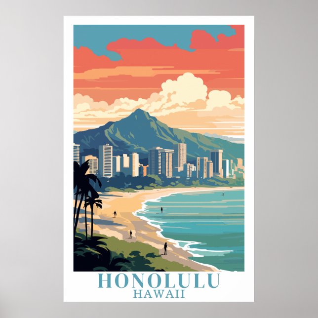 Poster Honolulu Hawaii Vintage Travel Waikiki Beach Art (Frente)