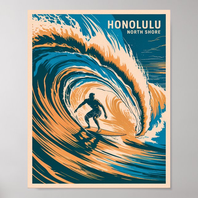 Poster Honolulu North Shore Retro Surfing Hawaii (Frente)