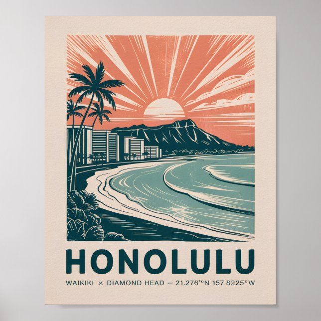 Poster Honolulu Waikiki Diamond Head Paisagem Retro Viage (Frente)