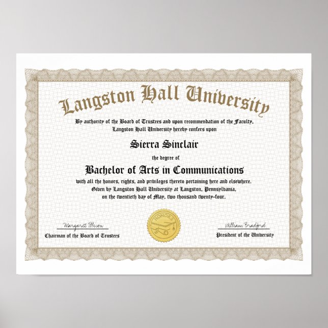 Poster Honors College or University Diploma Replica (Frente)