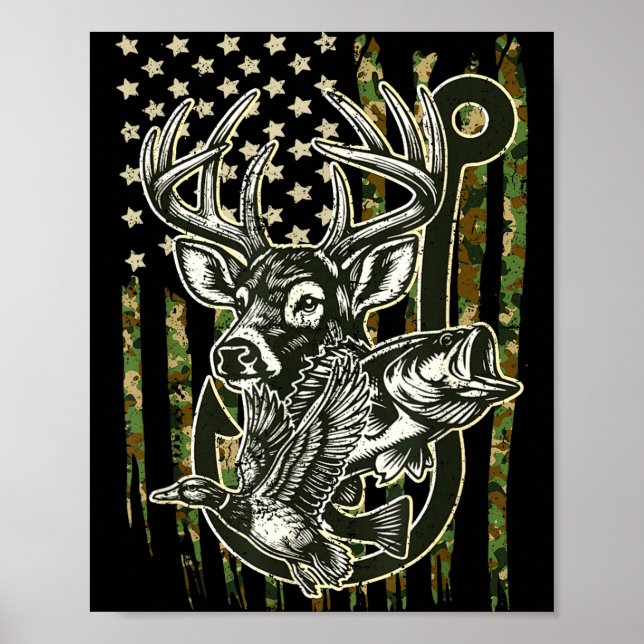 Poster Hook Antler Heart Love Fishing Hunting Fish Deer H (Frente)
