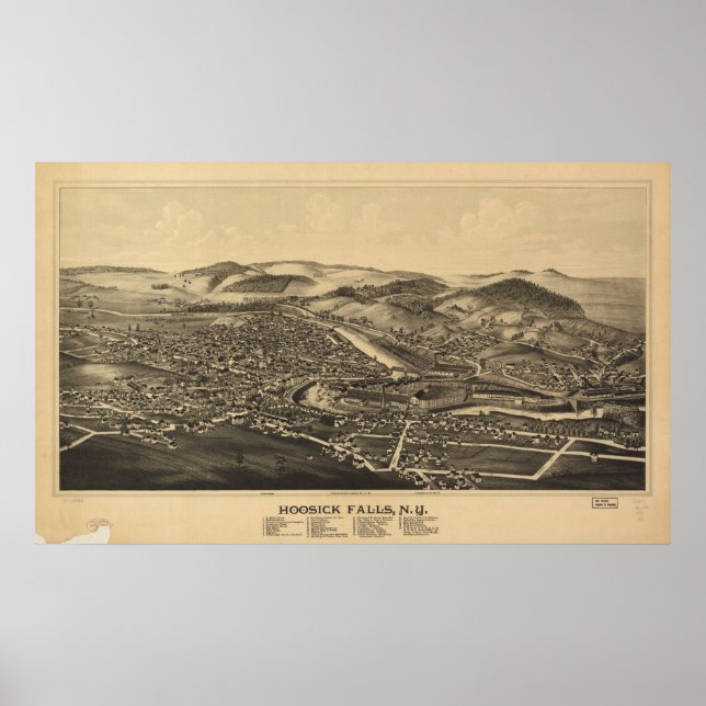 Poster Hoosick Cai Novo York 1889 Mapa Panorâmico Antiqua (Frente)