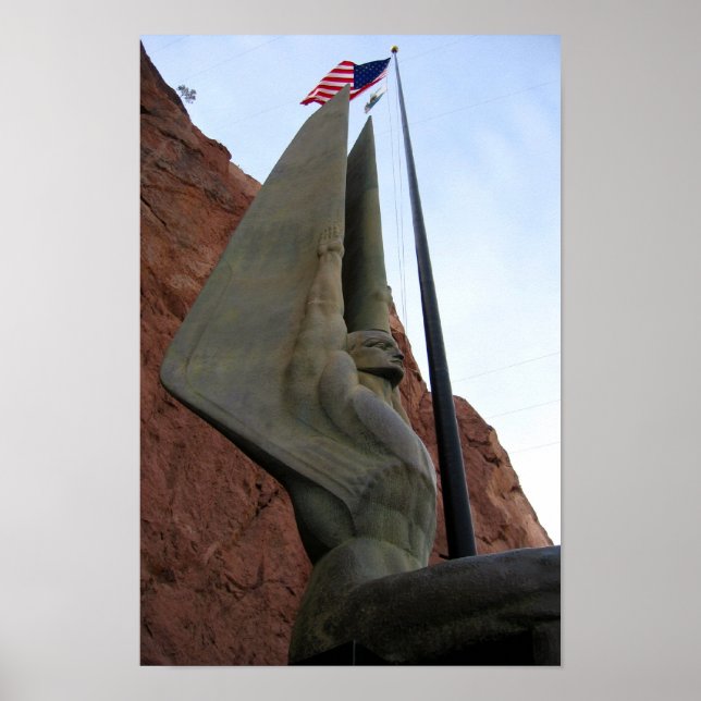 Pôster Hoover Dam Statu com Bandeira Americana (Frente)