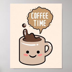 Poster hora do café ilustração kawaii xícara de café