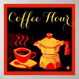 Pôster HORA DO CAFÉ /Xícara Vermelha Amarela e Cafeteira