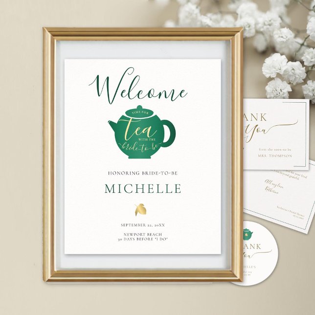 Poster Hora do Tea Emerald Dourado Chá de panela de Boas- (bridal tea welcome poster emerald gold calligraphy modern classic)
