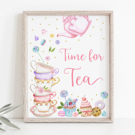 Poster Hora do Tea Party Rosa para o Aniversário do Chá