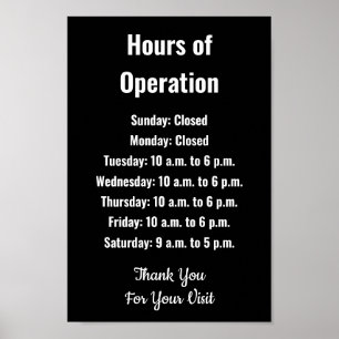Poster Horário de Funcionamento Modelo Preto e Branco