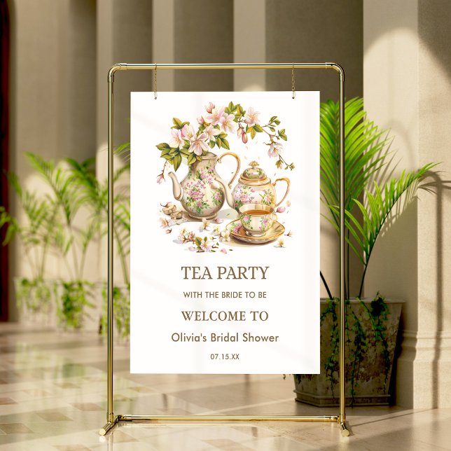 Poster Horário Floral do TeaParty para Chá de panela Tea  (Floral Tea Party Time for Tea Bridal Shower Welcome Sign  )