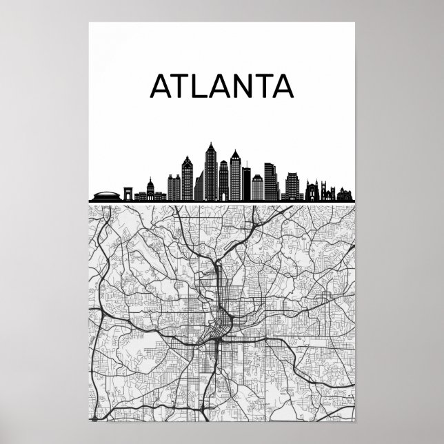 Poster Horizonte da Cidade de Atlanta Geórgia Com Mapa (Frente)
