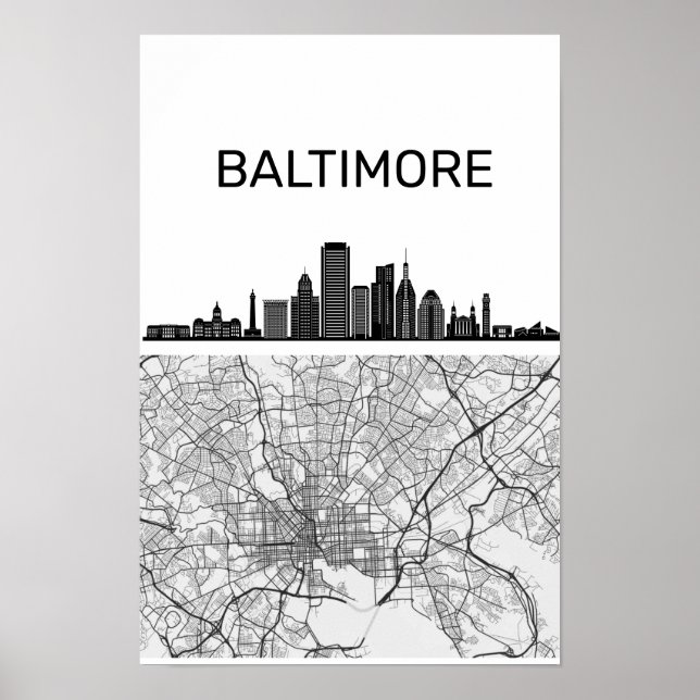 Poster Horizonte da Cidade de Baltimore Maryland Com Mapa (Frente)