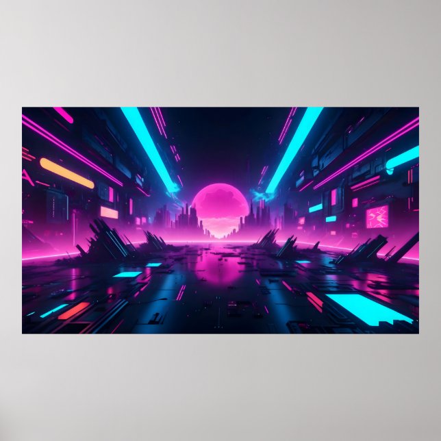 Poster Horizonte da Cidade Synthwave de Néon Futurista Va (Frente)