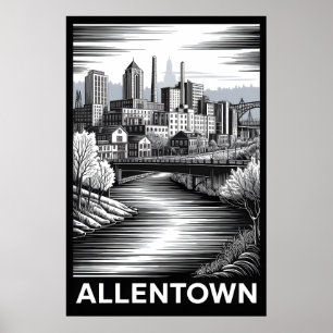 Poster Horizonte de Allentown Pensilvânia Xilogravura Pre