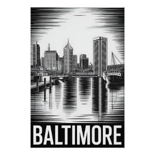 Pôster Horizonte de Baltimore Maryland Preto Branco Xilog