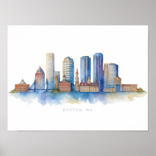 Poster Horizonte de Boston em Aquarela   Moderno Boston M