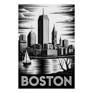 Pôster Horizonte de Boston Massachusetts em Preto e Branc