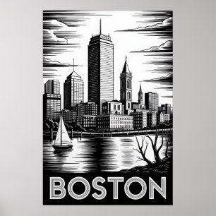Poster Horizonte de Boston Massachusetts em Preto e Branc