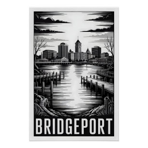 Pôster Horizonte de Bridgeport Connecticut Preto e Branco