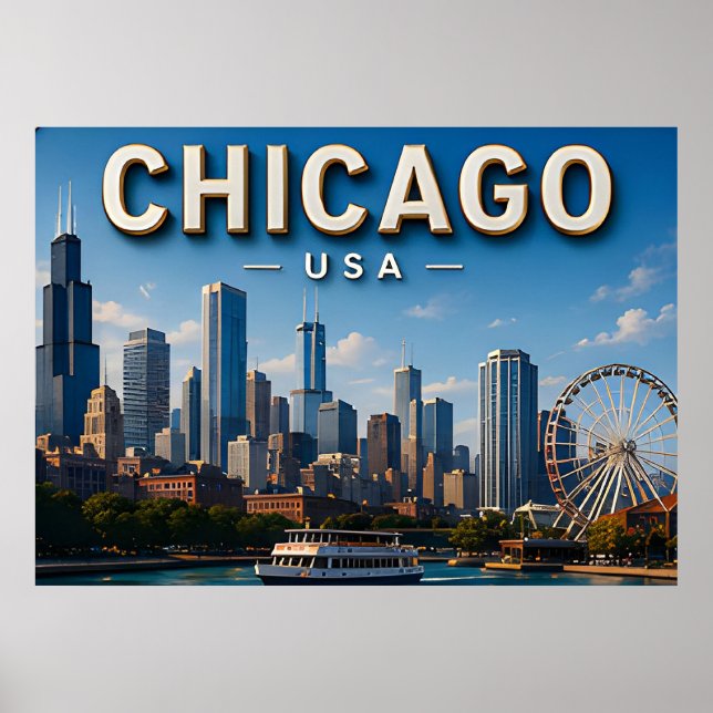 Poster Horizonte de Chicago e Lago Michigan (Frente)