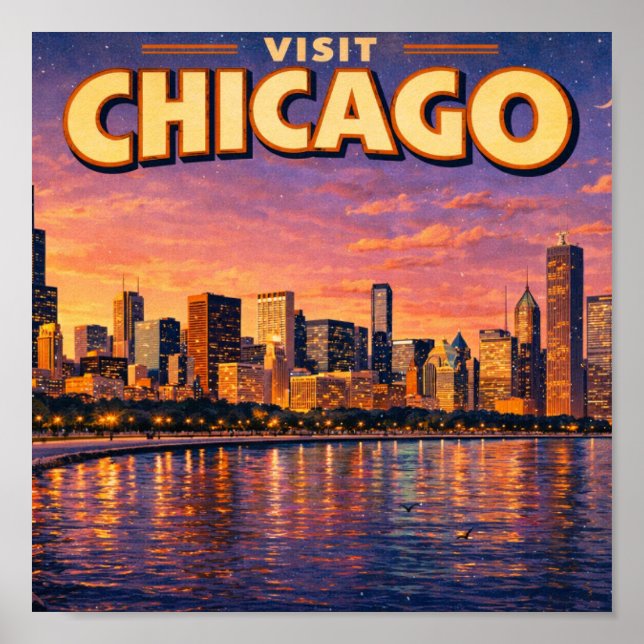 Poster Horizonte de Chicago e Lago Michigan à noite (Frente)