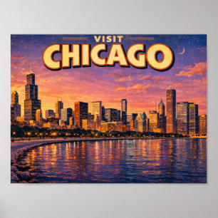 Poster Horizonte de Chicago e Lago Michigan à noite