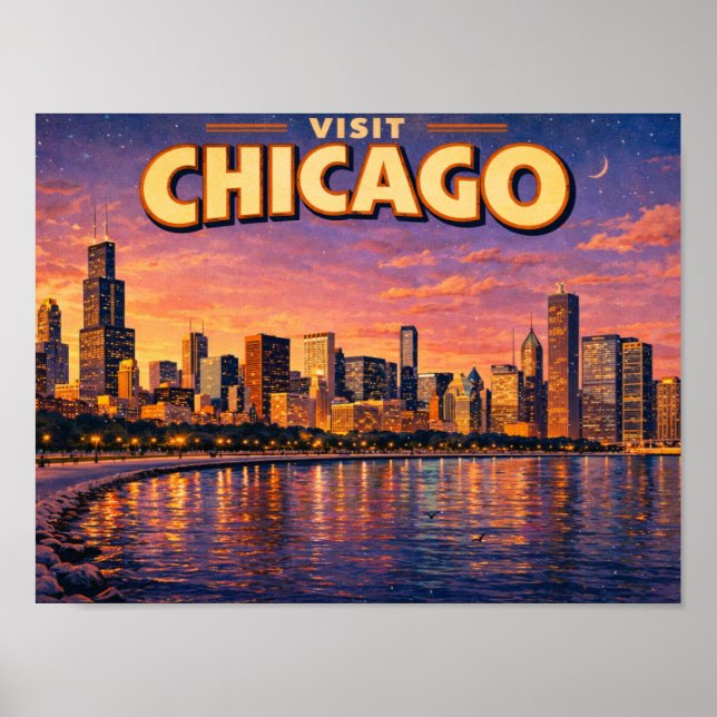 Poster Horizonte de Chicago e Lago Michigan à noite (Frente)